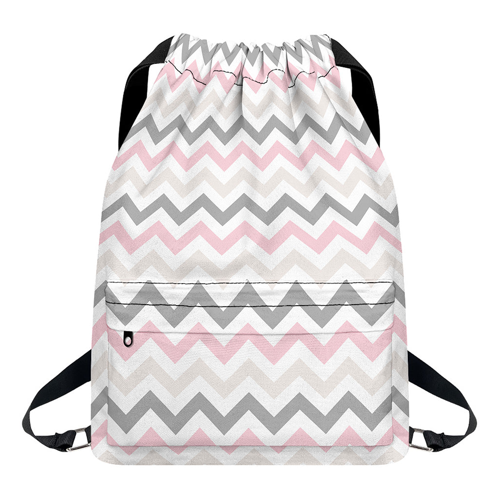 Pink White And Grey Chevron Print Drawstring Backpack