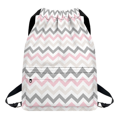 Pink White And Grey Chevron Print Drawstring Backpack