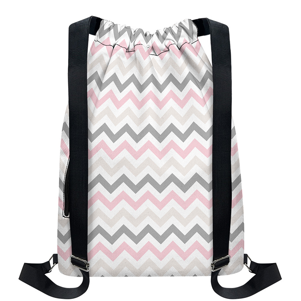 Pink White And Grey Chevron Print Drawstring Backpack