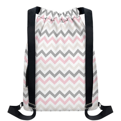Pink White And Grey Chevron Print Drawstring Backpack