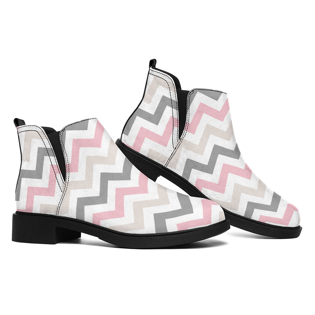 Pink White And Grey Chevron Print Flat Ankle Boots