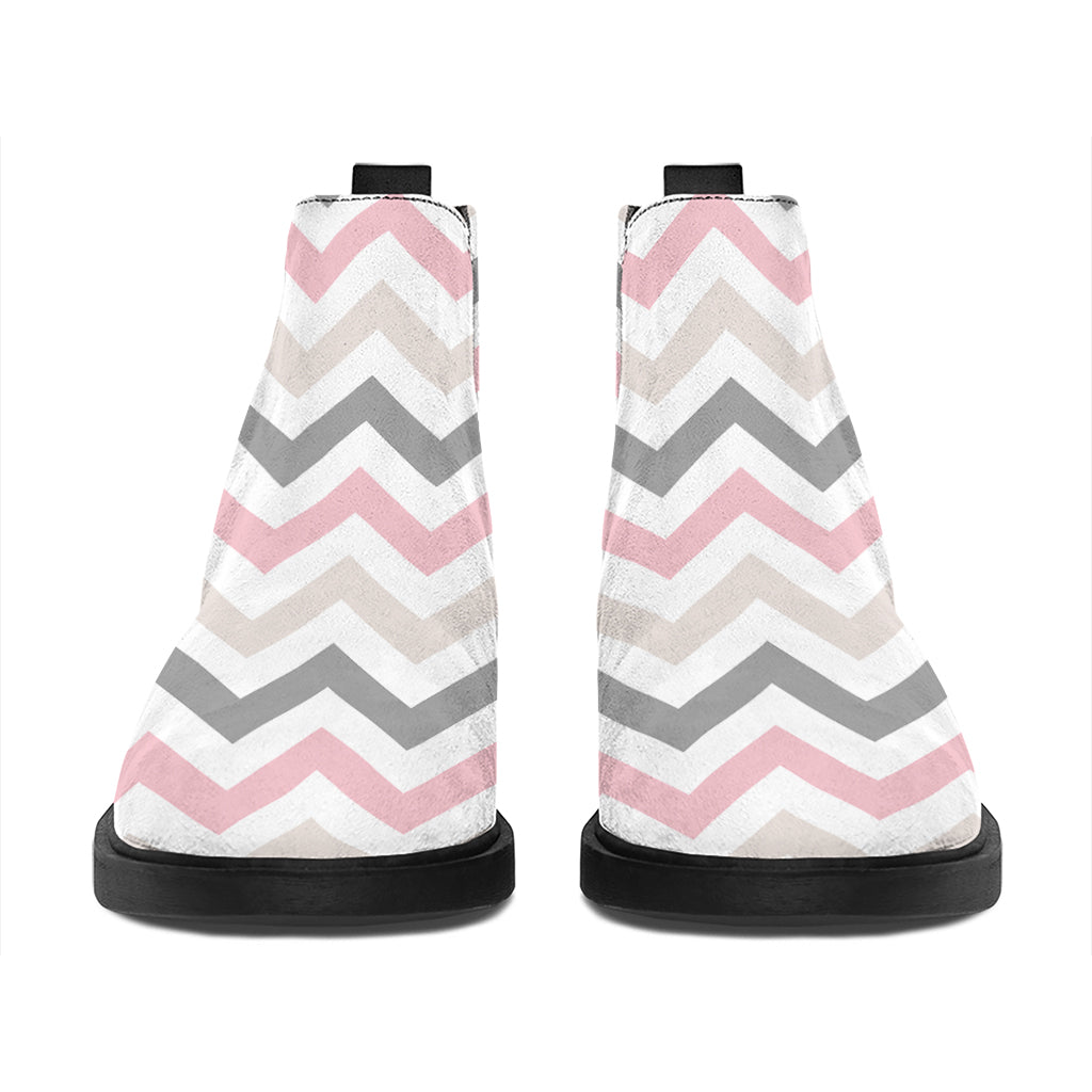 Pink White And Grey Chevron Print Flat Ankle Boots