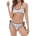 Pink White And Grey Chevron Print Halter Scoop Tie Side Bikini