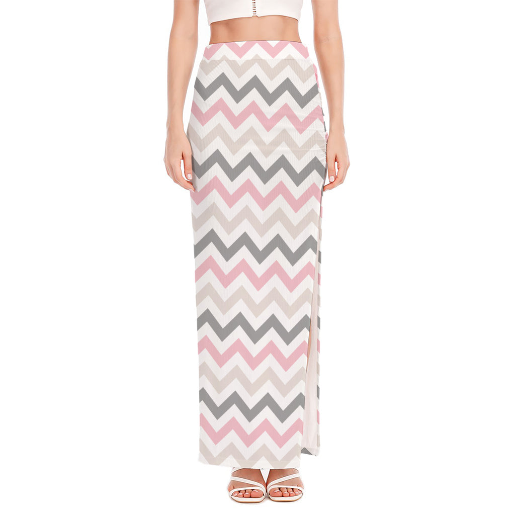 Pink White And Grey Chevron Print High Slit Maxi Skirt