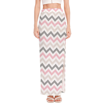 Pink White And Grey Chevron Print High Slit Maxi Skirt