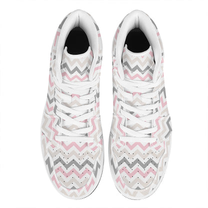 Pink White And Grey Chevron Print High Top Leather Sneakers
