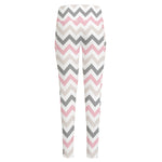 Pink White And Grey Chevron Print High-Waisted Pocket Leggings