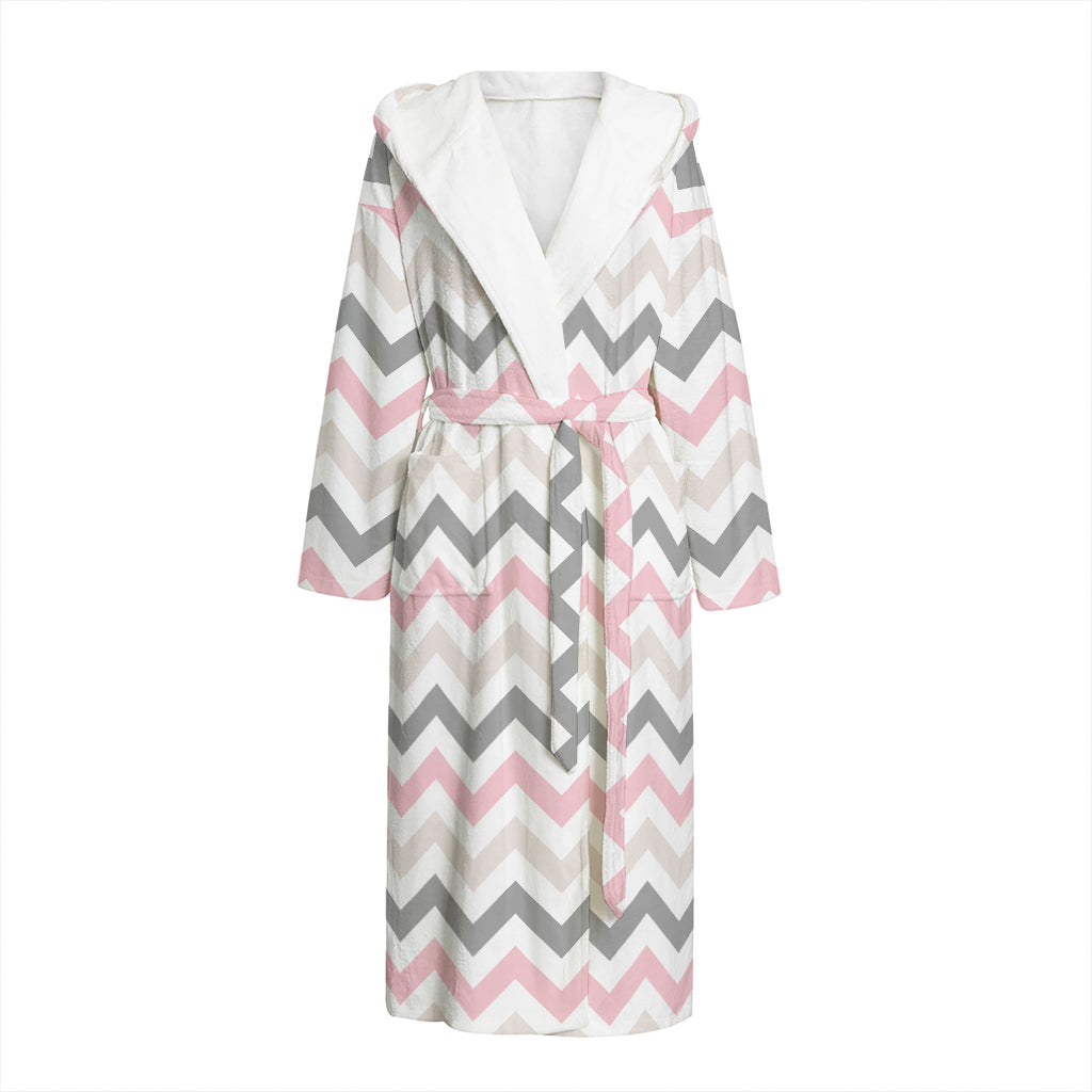 Pink White And Grey Chevron Print Hooded Bathrobe