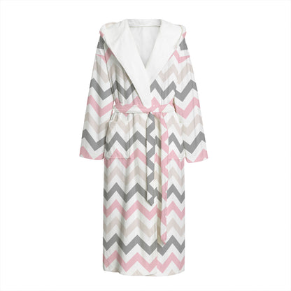 Pink White And Grey Chevron Print Hooded Bathrobe