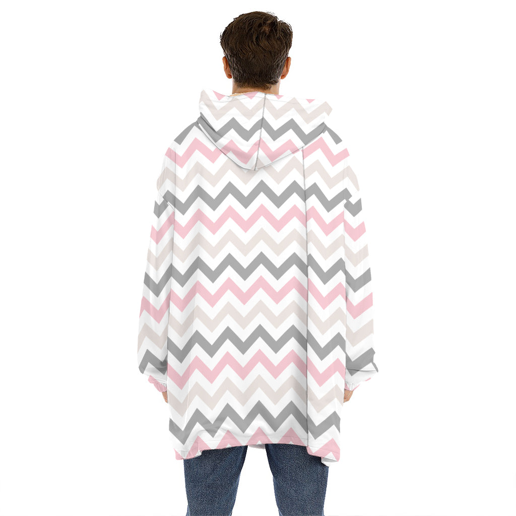 Pink White And Grey Chevron Print Hoodie Blanket