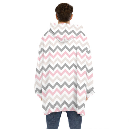 Pink White And Grey Chevron Print Hoodie Blanket