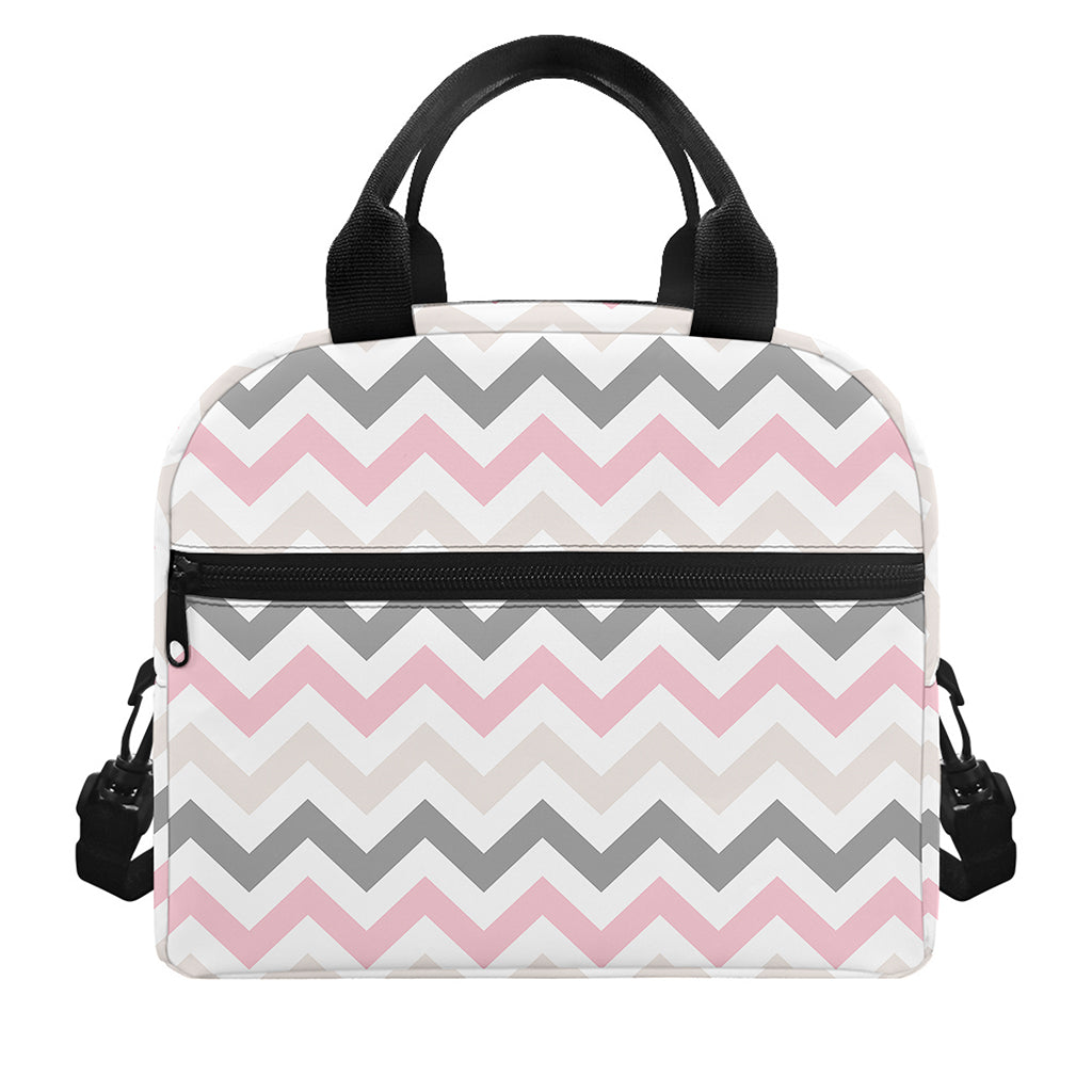 Pink White And Grey Chevron Print Insulated Lunch Bag
