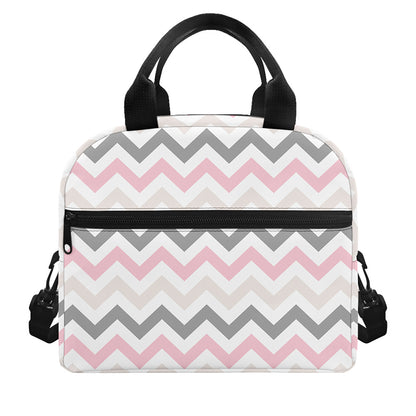 Pink White And Grey Chevron Print Insulated Lunch Bag