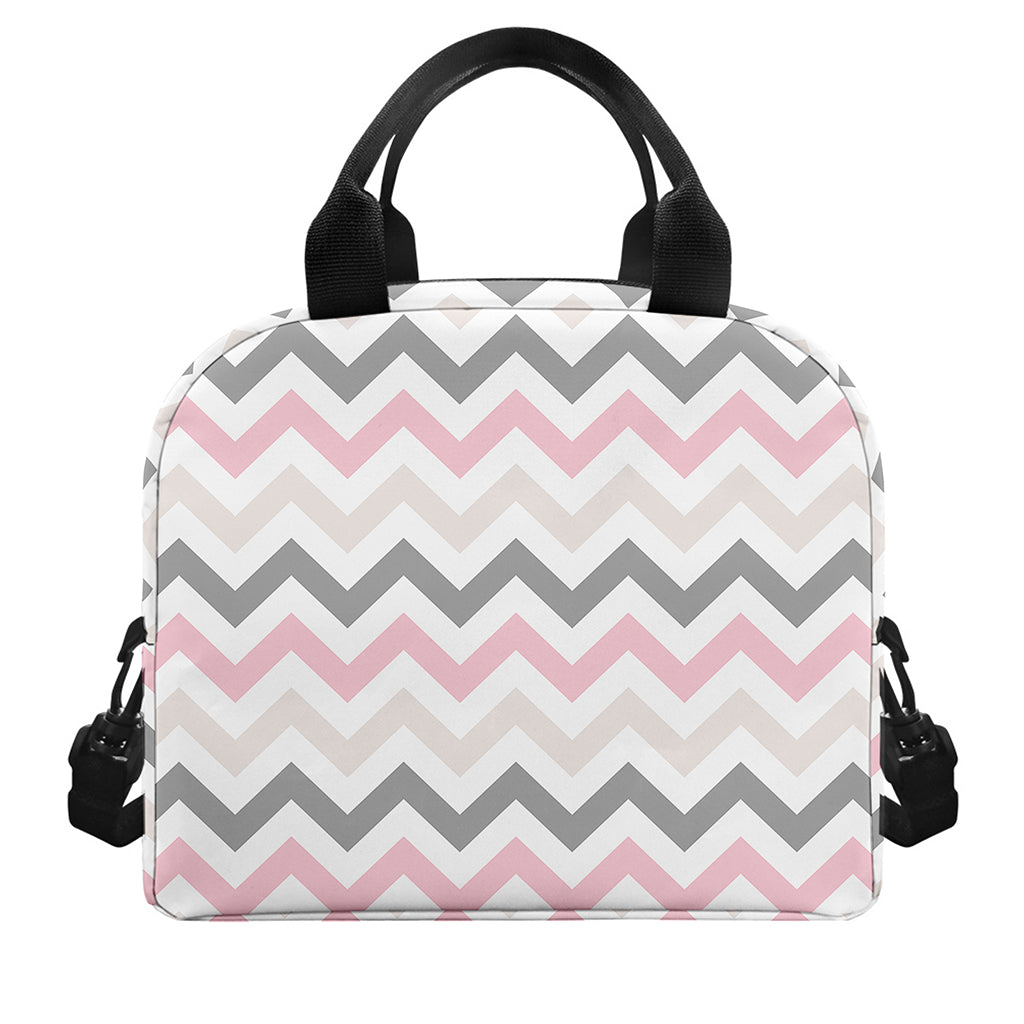 Pink White And Grey Chevron Print Insulated Lunch Bag