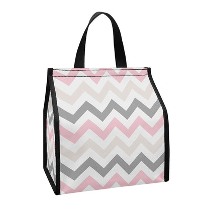 Pink White And Grey Chevron Print Insulated Lunch Tote