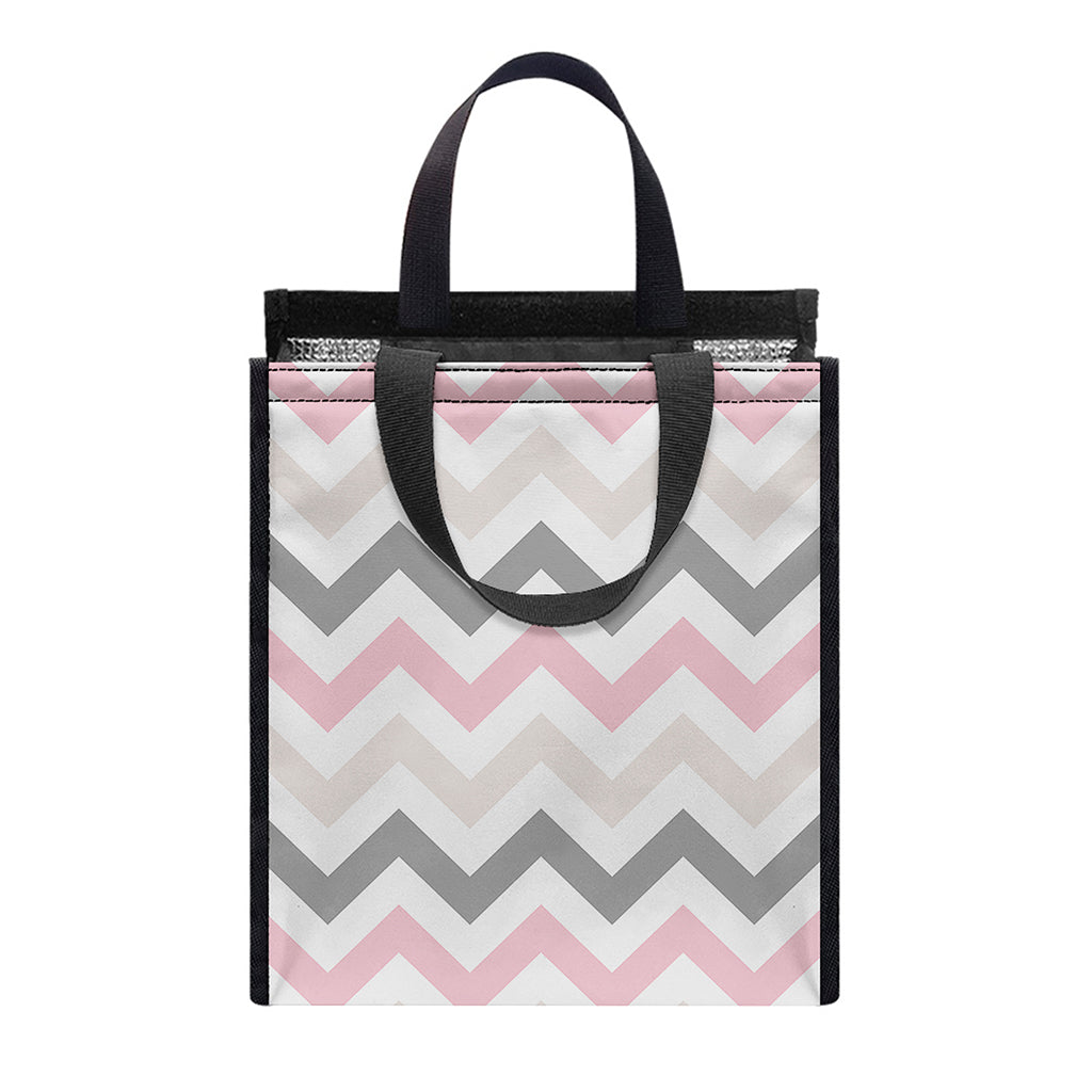 Pink White And Grey Chevron Print Insulated Lunch Tote