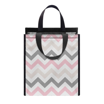 Pink White And Grey Chevron Print Insulated Lunch Tote