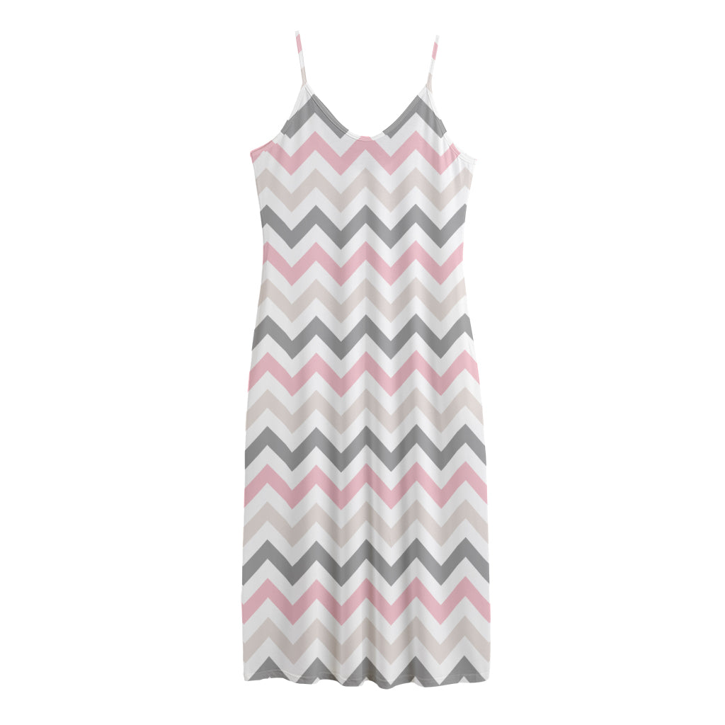 Pink White And Grey Chevron Print Jersey Midi Cami Dress