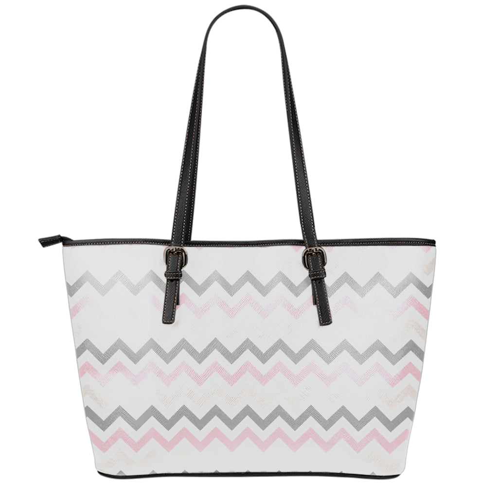 Pink White And Grey Chevron Print Leather Tote Bag