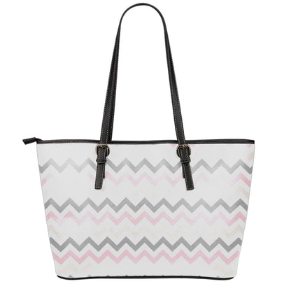 Pink White And Grey Chevron Print Leather Tote Bag