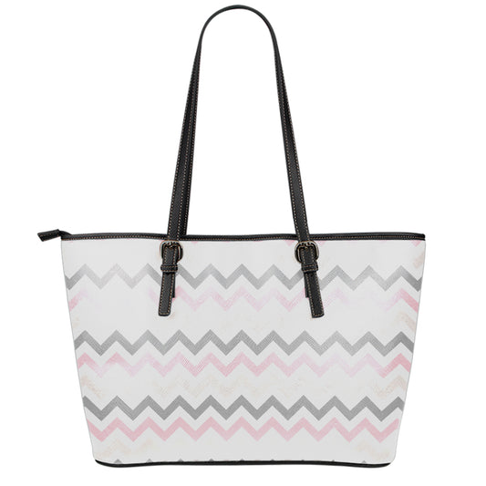 Pink White And Grey Chevron Print Leather Tote Bag