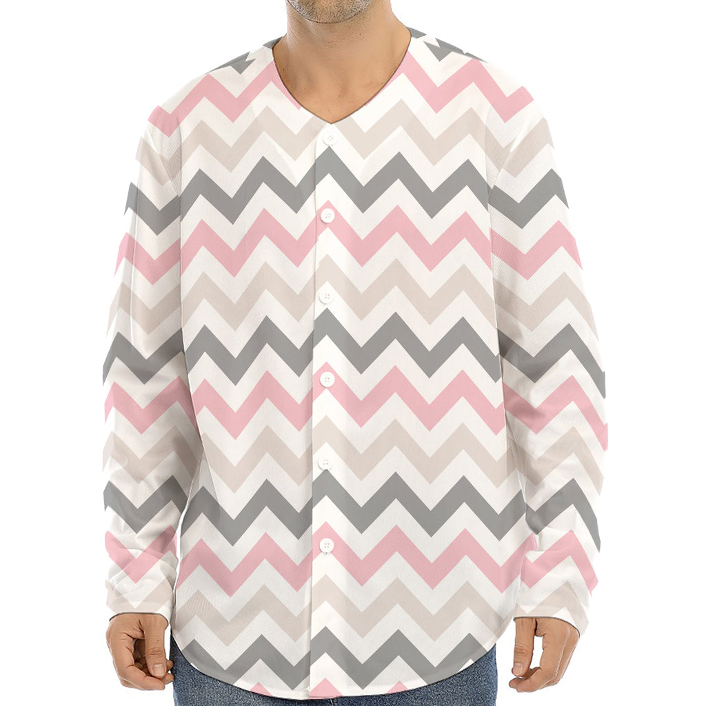 Pink White And Grey Chevron Print Long Sleeve Baseball Jersey