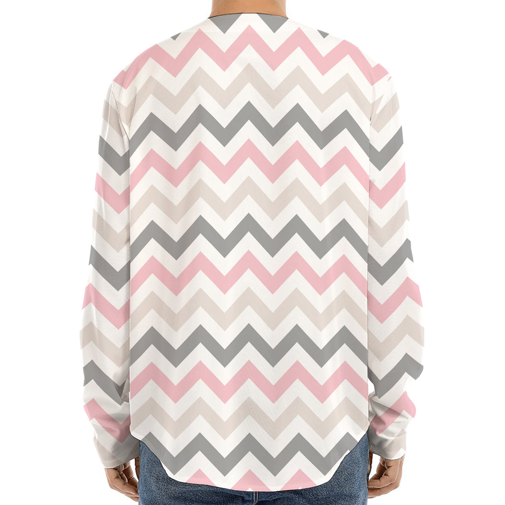 Pink White And Grey Chevron Print Long Sleeve Baseball Jersey