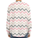 Pink White And Grey Chevron Print Long Sleeve Baseball Jersey