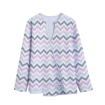 Pink White And Grey Chevron Print Long Sleeve Short Coat