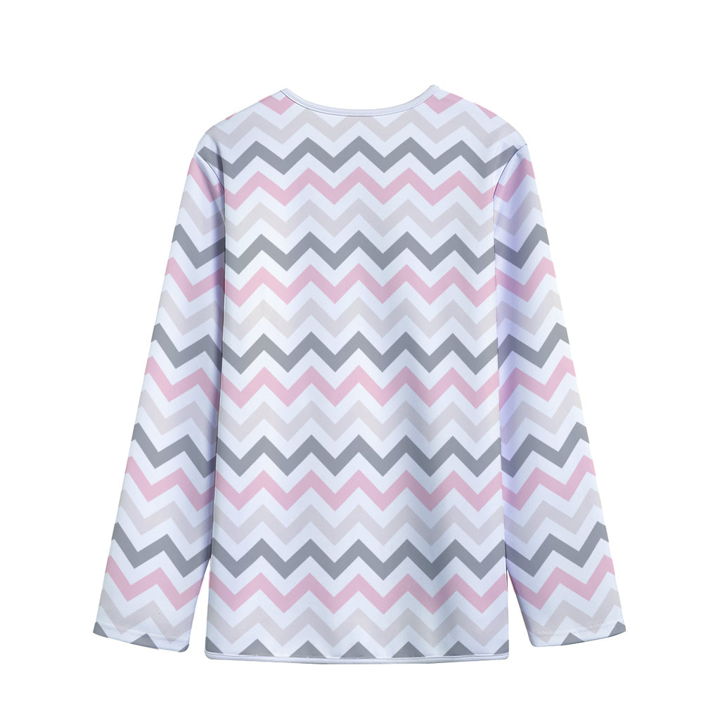 Pink White And Grey Chevron Print Long Sleeve Short Coat