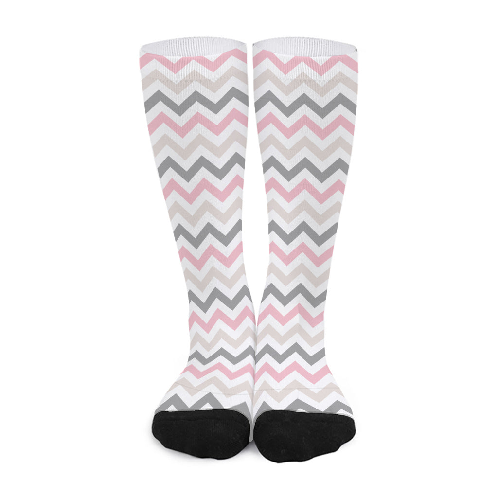 Pink White And Grey Chevron Print Long Socks