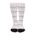 Pink White And Grey Chevron Print Long Socks