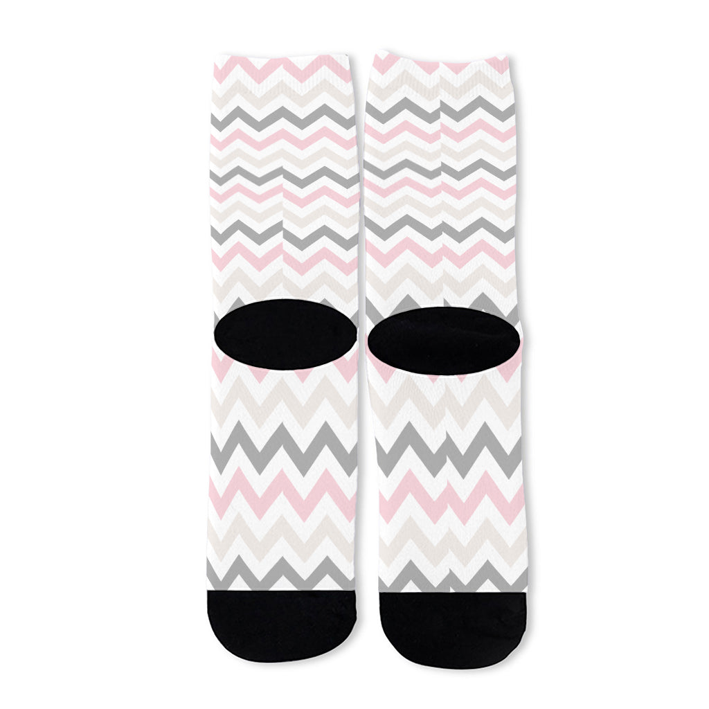 Pink White And Grey Chevron Print Long Socks