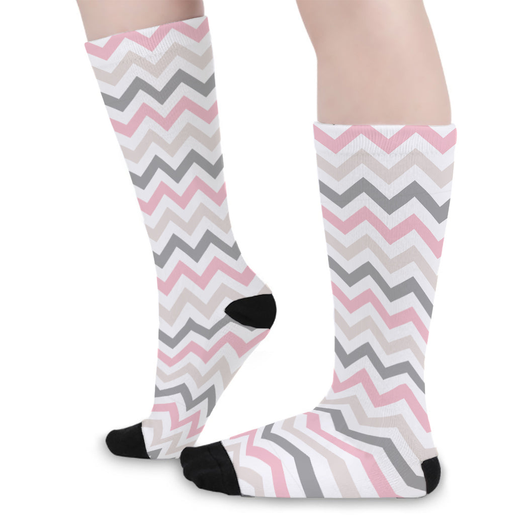 Pink White And Grey Chevron Print Long Socks