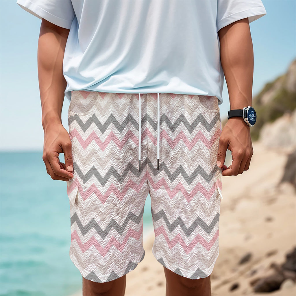 Pink White And Grey Chevron Print Men's Cargo Shorts