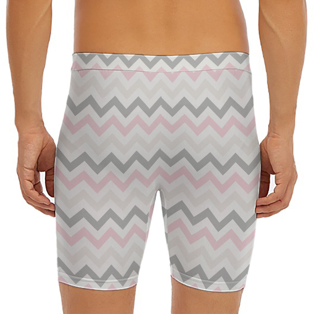 Pink White And Grey Chevron Print Men's Long Boxer Briefs