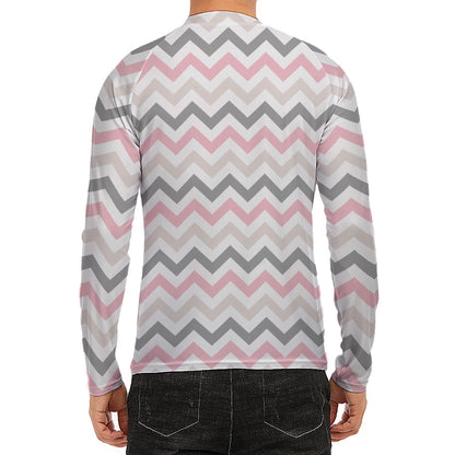 Pink White And Grey Chevron Print Men's Long Sleeve Rash Guard