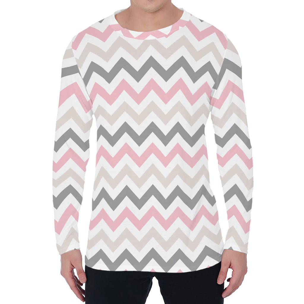 Pink White And Grey Chevron Print Men's Long Sleeve T-Shirt