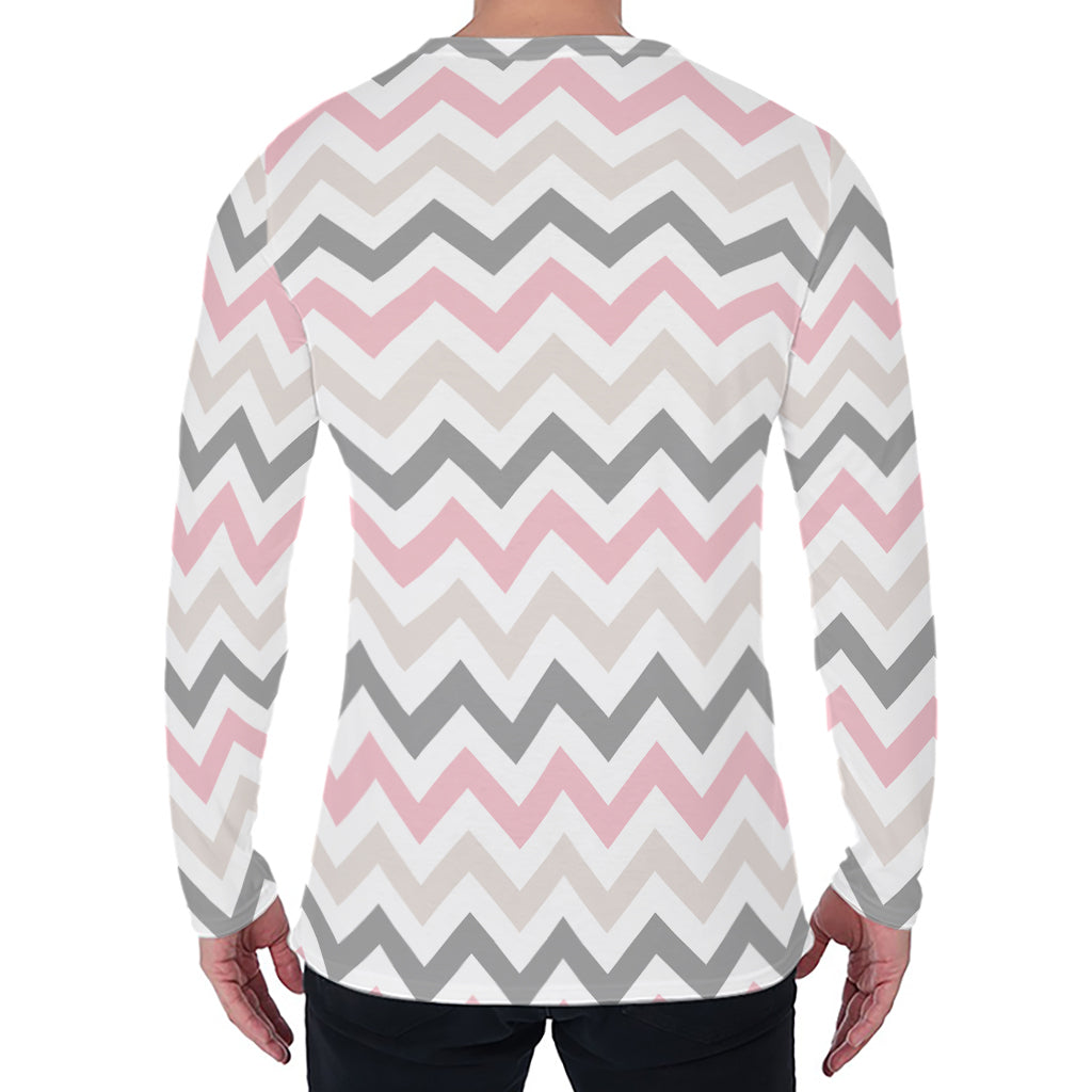 Pink White And Grey Chevron Print Men's Long Sleeve T-Shirt