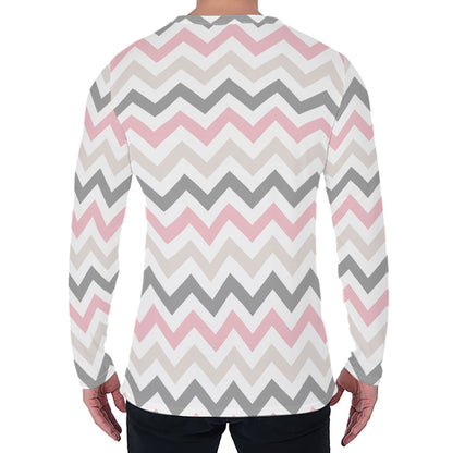 Pink White And Grey Chevron Print Men's Long Sleeve T-Shirt