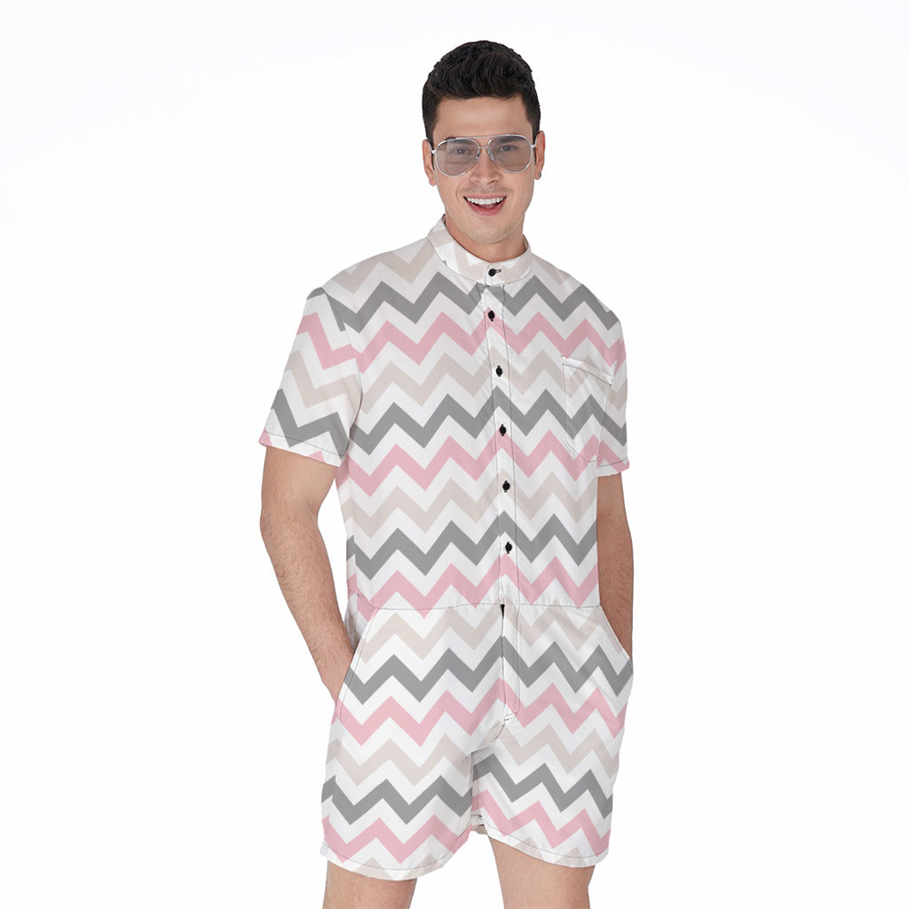 Pink White And Grey Chevron Print Men's Rompers