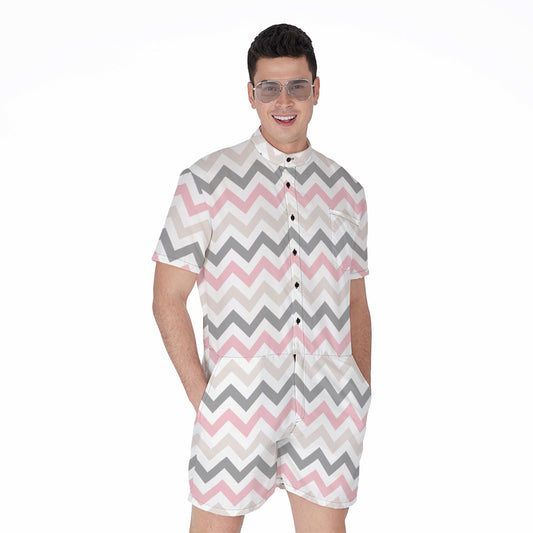 Pink White And Grey Chevron Print Men's Rompers