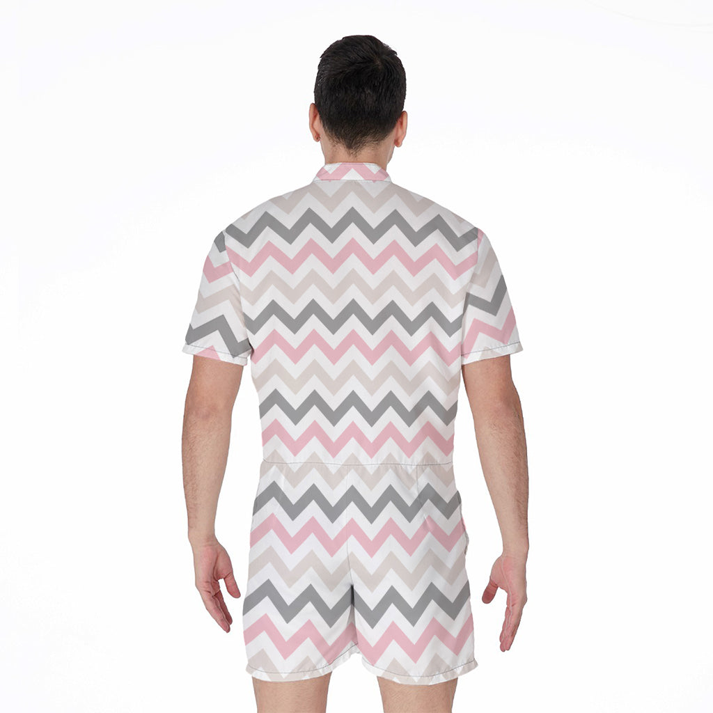 Pink White And Grey Chevron Print Men's Rompers
