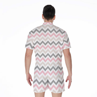 Pink White And Grey Chevron Print Men's Rompers