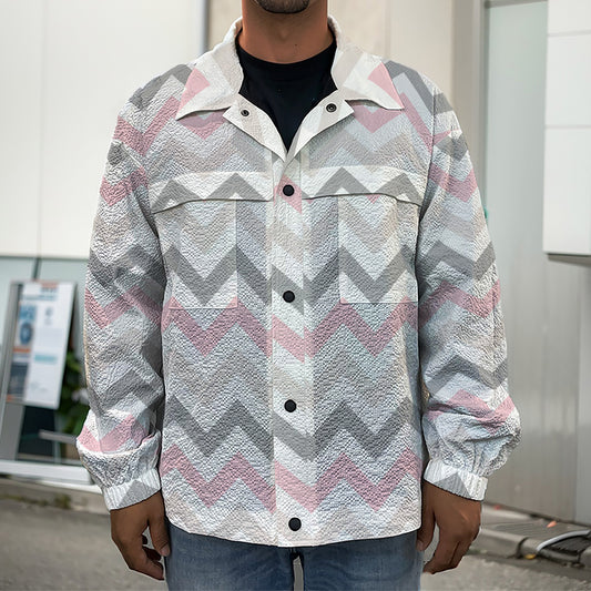 Pink White And Grey Chevron Print Men's Shirt Jacket