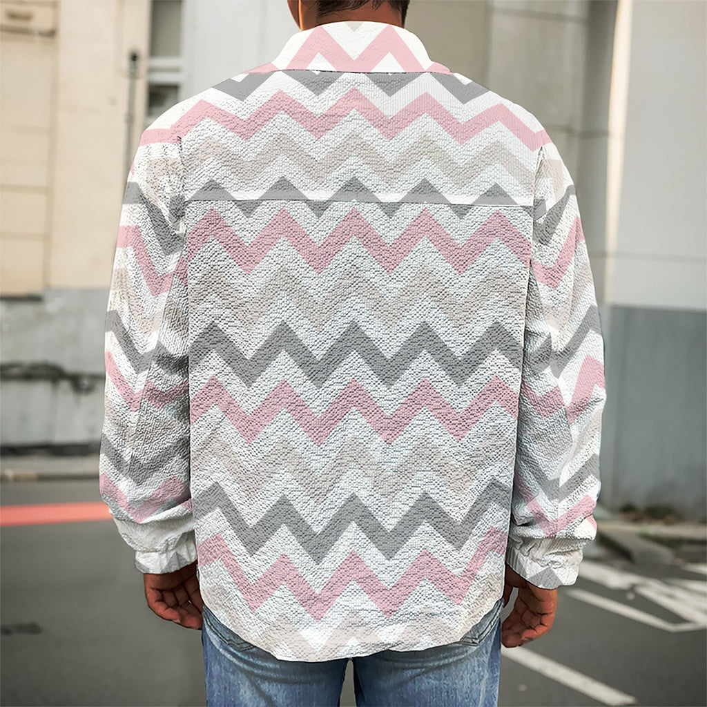 Pink White And Grey Chevron Print Men's Shirt Jacket