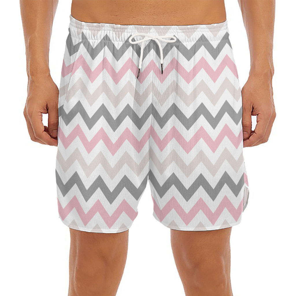 Pink White And Grey Chevron Print Men's Split Running Shorts