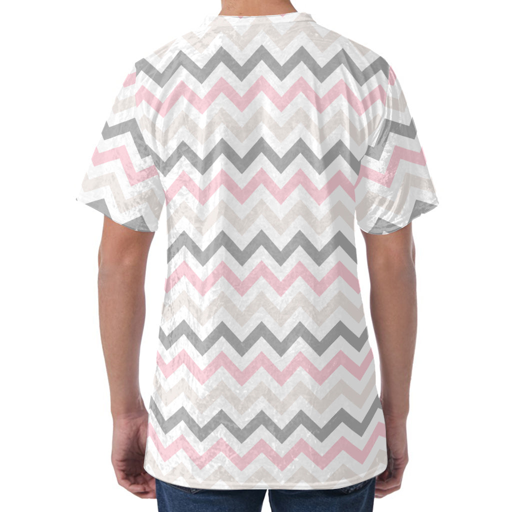 Pink White And Grey Chevron Print Men's Velvet T-Shirt