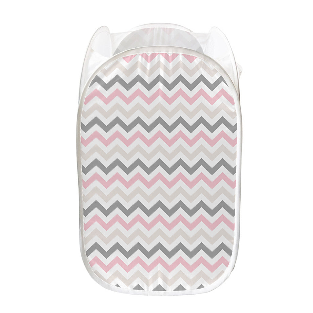 Pink White And Grey Chevron Print Mesh Laundry Hamper