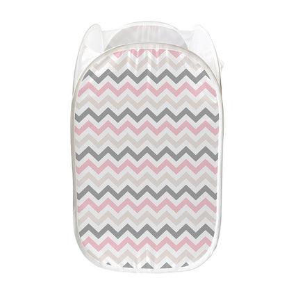 Pink White And Grey Chevron Print Mesh Laundry Hamper
